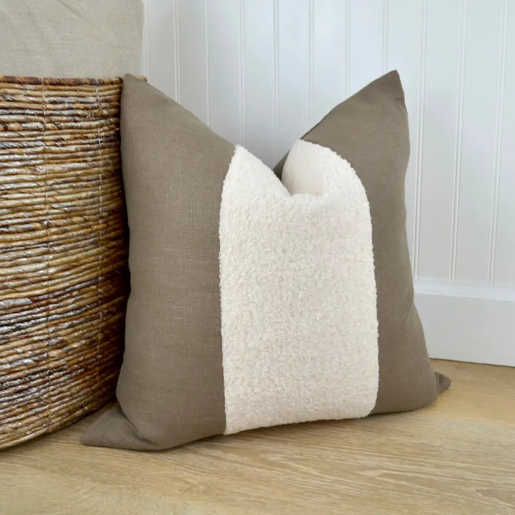 Aspen Throw Pillow Cover in Farmhouse Brown Linen Ivory Boucle