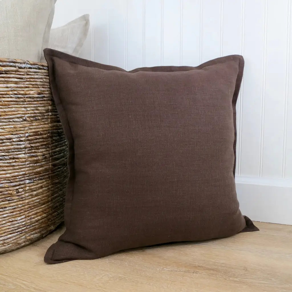 Dark Brown Linen Pillow Cover with Flange Edge - Throw