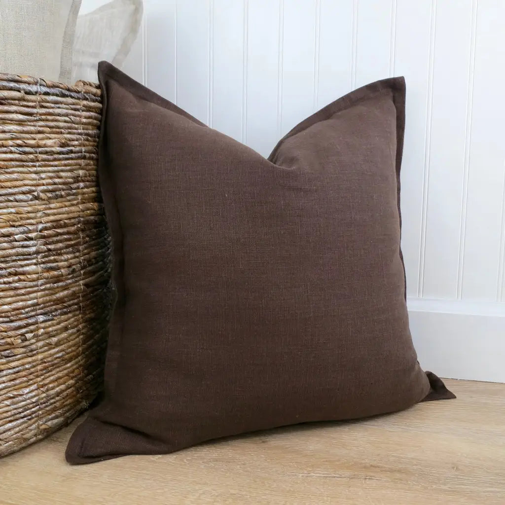 Dark Brown Linen Pillow Cover with Flange Edge - Throw