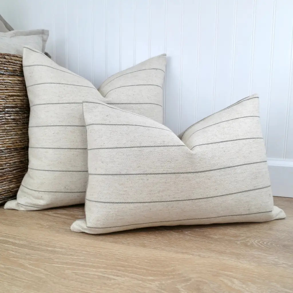 Natural Linen and Green Stripe Pillow Cover