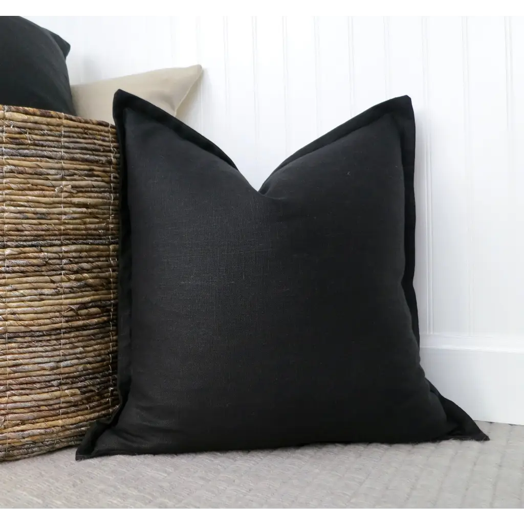 Black Linen Pillow Cover with Flange Edge - Throw Pillows