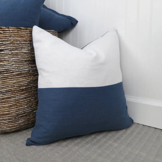 Color Block Linen Pillow Cover | Navy Blue and White Linen
