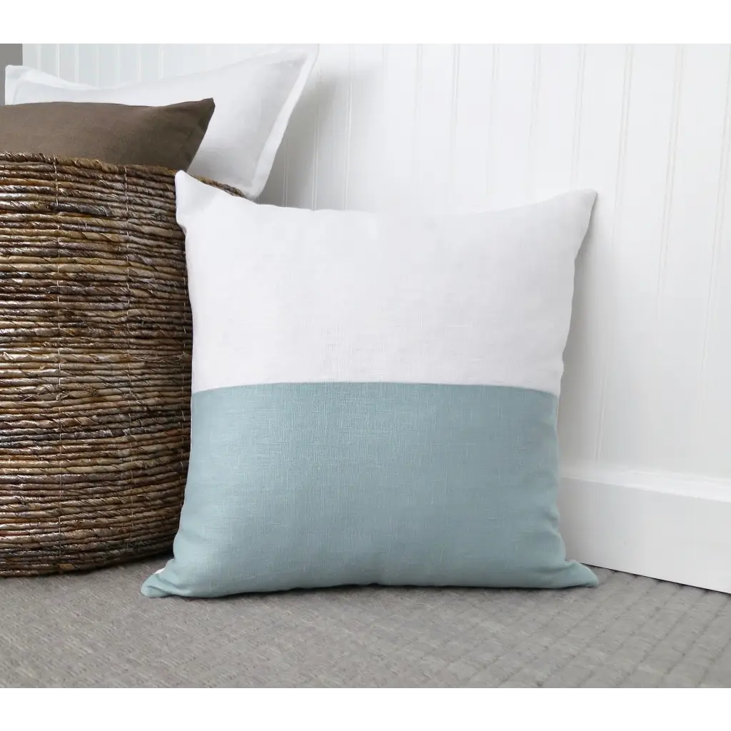 Color Block Linen Pillow Cover | Spa Blue and White Linen
