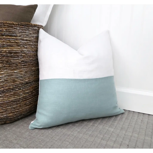 Color Block Linen Pillow Cover | Spa Blue and White Linen