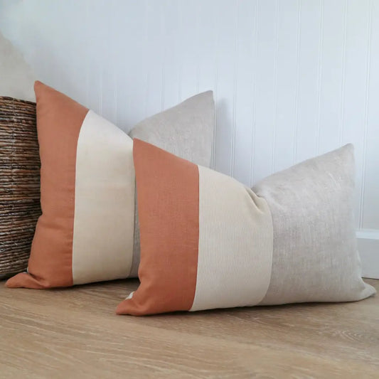 Color Block Pillow Cover | Adobe Linen and Ivory Velvet -