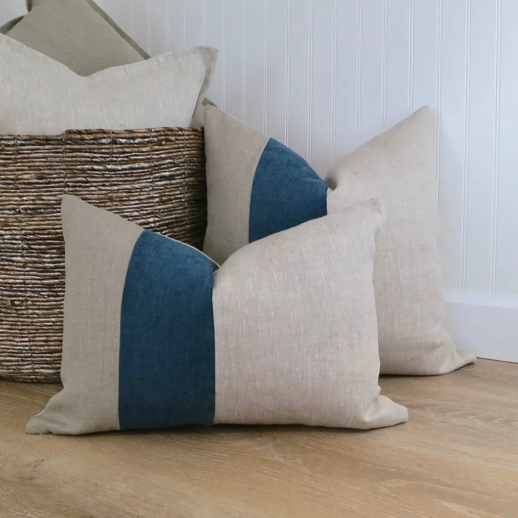 Color Block Pillow Cover | Natural Linen and Blue Velvet -
