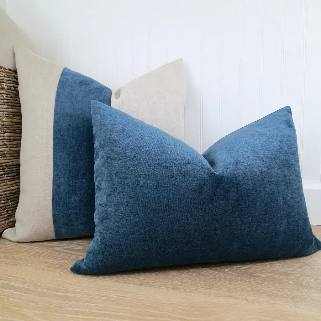 Color Block Pillow Cover | Natural Linen and Blue Velvet -