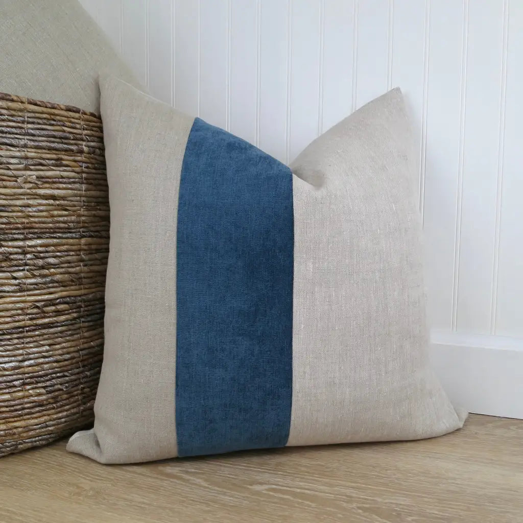 Color Block Pillow Cover | Natural Linen and Blue Velvet -