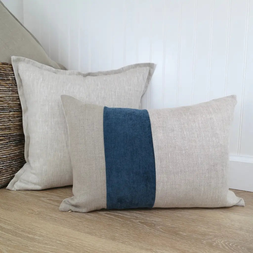 Color Block Pillow Cover | Natural Linen and Blue Velvet -