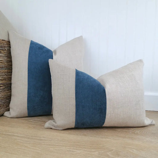 Color Block Pillow Cover | Natural Linen and Blue Velvet -