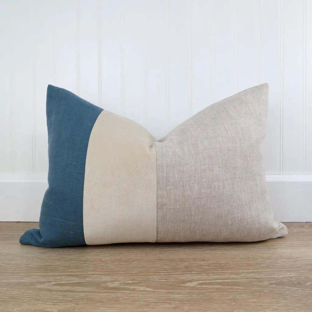 Color Block Pillow Cover | Slate Blue Linen and Ivory