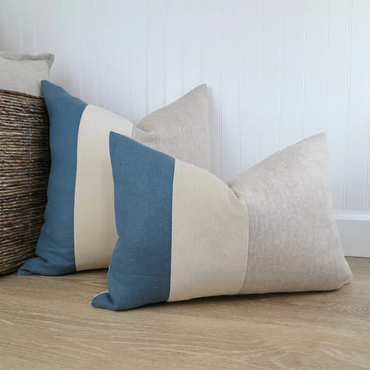 Color Block Pillow Cover | Slate Blue Linen and Ivory