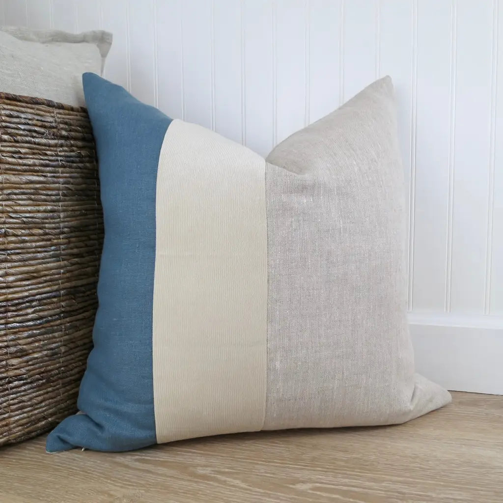Color Block Pillow Cover | Slate Blue Linen and Ivory