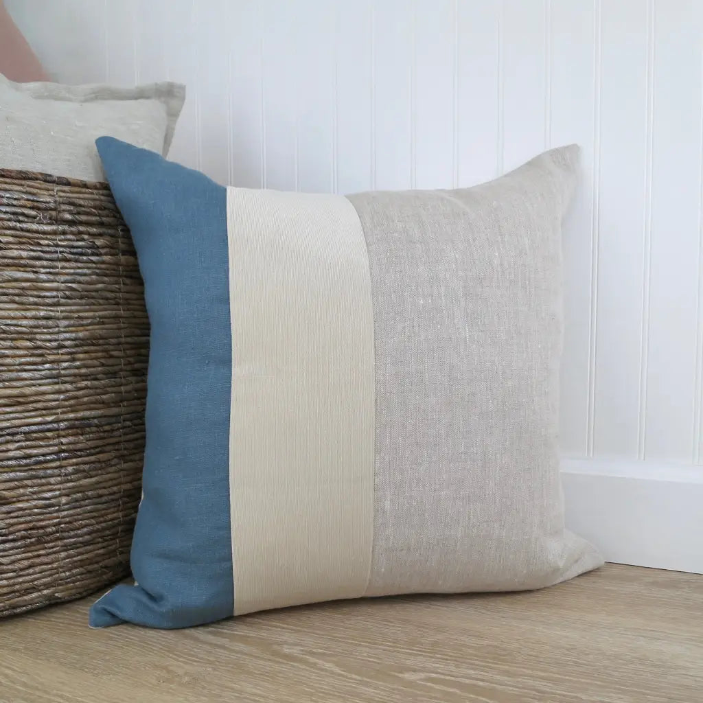 Color Block Pillow Cover | Slate Blue Linen and Ivory
