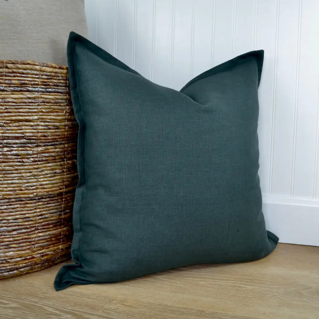 Dark Green Linen Pillow Cover with Flange Edge - Throw
