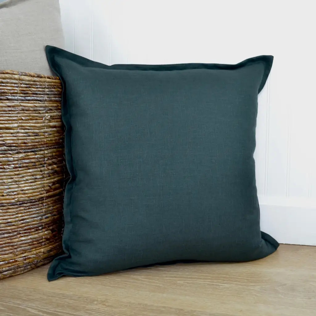Dark Green Linen Pillow Cover with Flange Edge - Throw