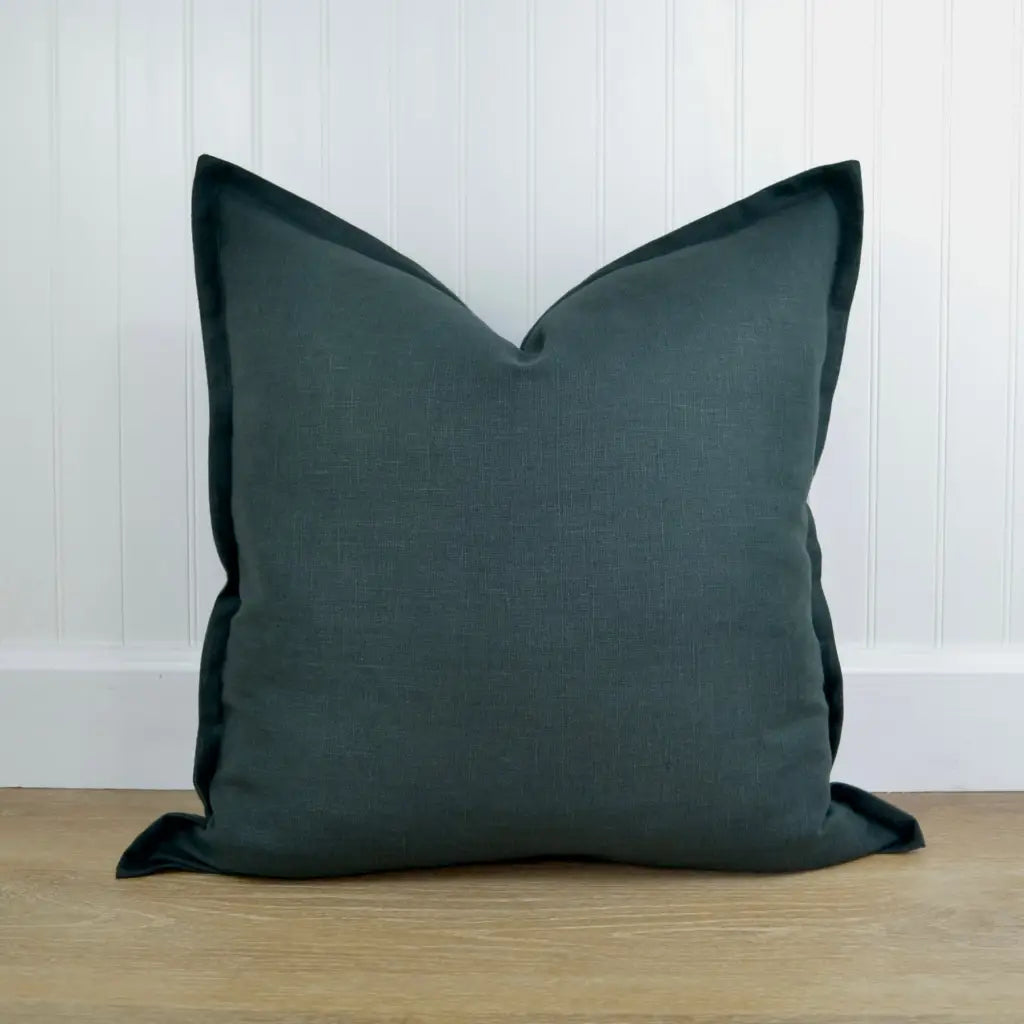 Dark Green Linen Pillow Cover with Flange Edge - Throw