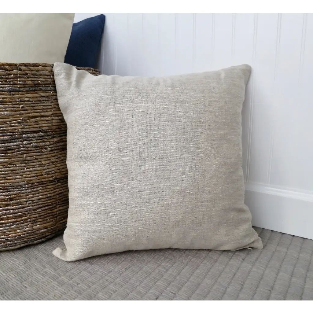 Heathered Natural Linen Pillow Cover with Modern Block