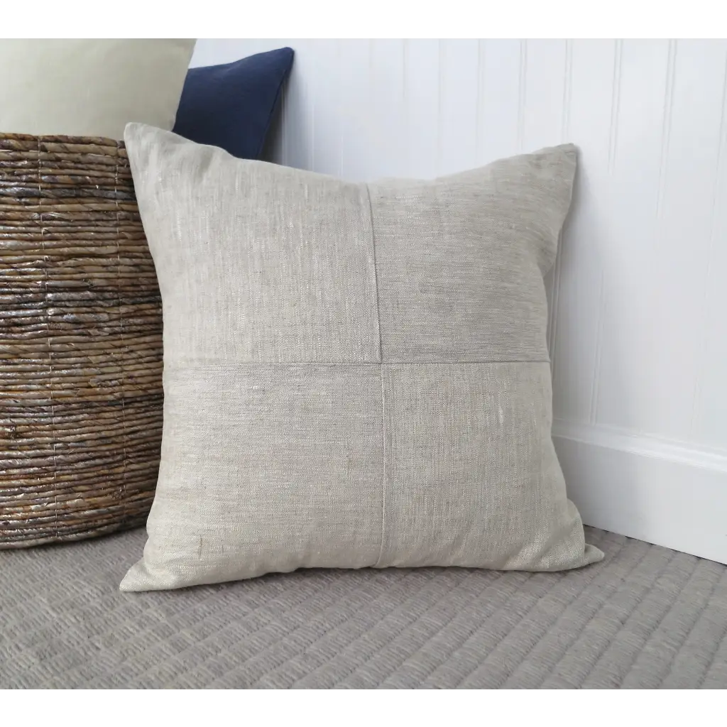Heathered Natural Linen Pillow Cover with Modern Block