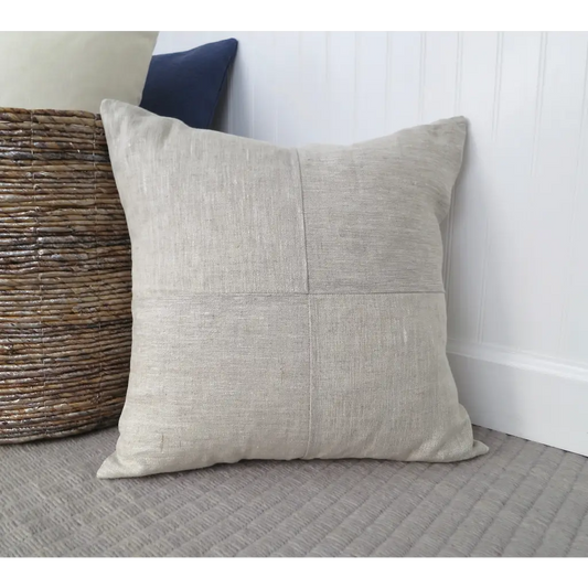 Heathered Natural Linen Pillow Cover with Modern Block