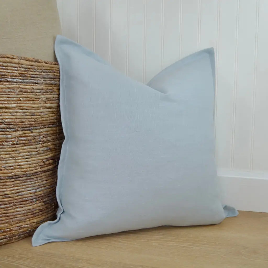 Light Blue Linen Pillow Cover with Flange Edge - Throw