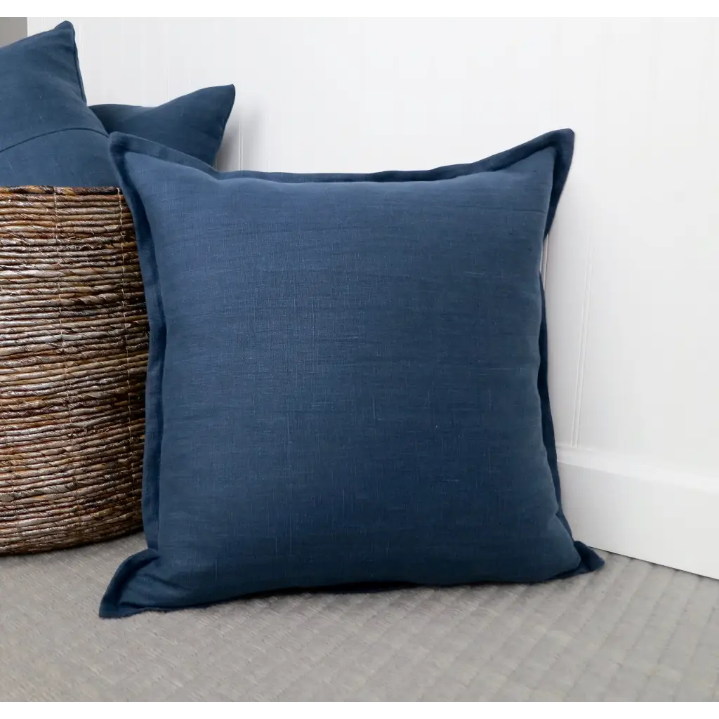Navy Blue Linen Pillow Cover with Flange Edge - Throw