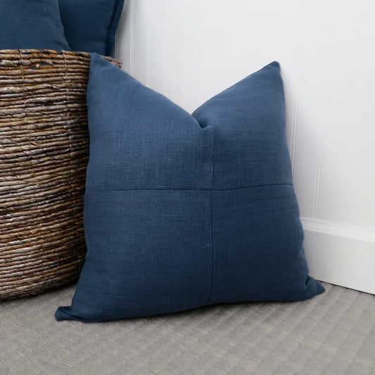 Navy Blue Linen Pillow Cover with Modern Block Pattern -