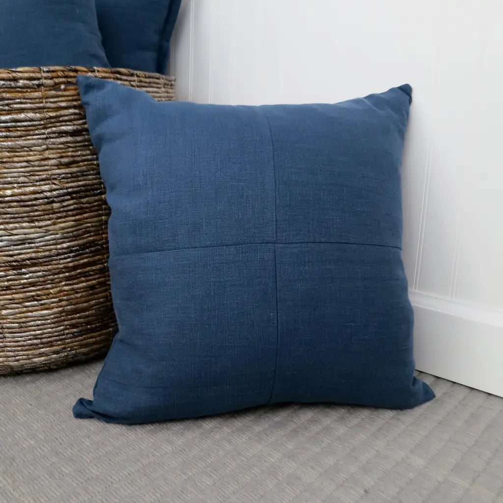 Navy Blue Linen Pillow Cover with Modern Block Pattern -