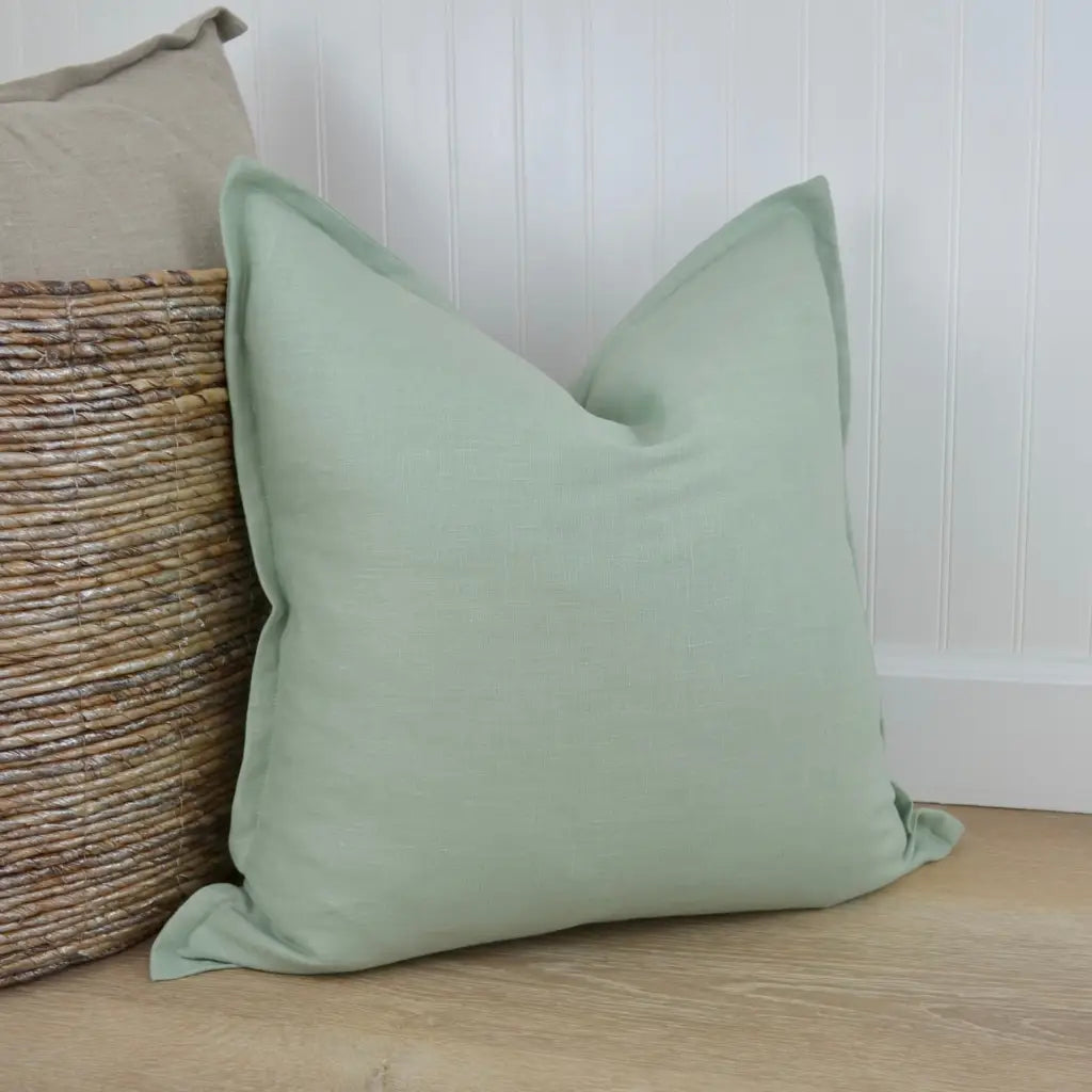 Sage Green Linen Pillow Cover with Flange Edge - Throw